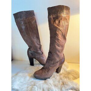 Frye Mimi Scrunch Tall Platform Boot Brown Leather Shoe Women's 7 Pre-loved